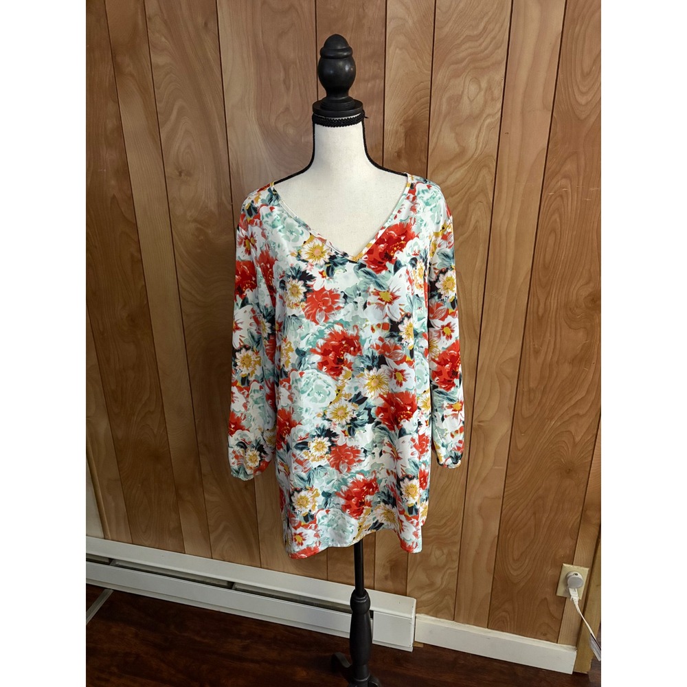 Mario Serrani Italy Women XL Floral V-Neck Blouse Red Orange Teal Long Sleeve